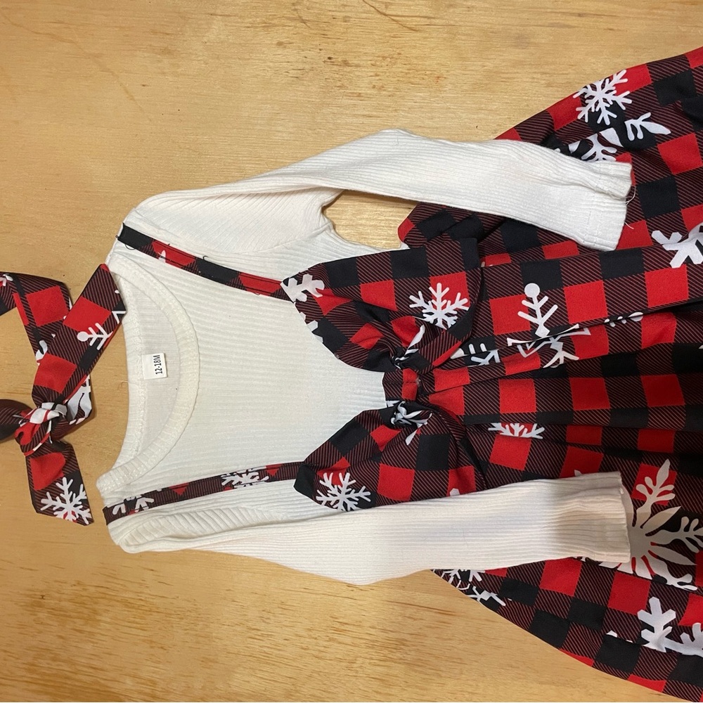 Kids Red and Black Plaid Dress with Snowflake Pattern